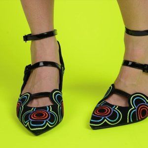 Kat Maconie | Enid Block Heel | size US 7 | black w/ colorful embroidery